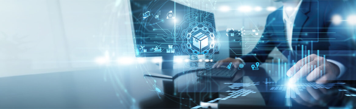 Logistics manager working on computer in supply chain management. Specialist tracking inventory and global distribution networks to ensure seamless movement of goods across the worldwide market.