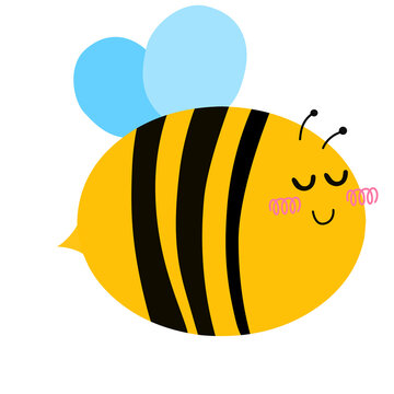 A cute yellow bee with bold black stripes rests peacefully with closed eyes and pink cheeks, accompanied by soft blue wings, creating a charming, adorable cartoon illustration.
