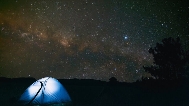 Summer Milky Way stars and landscape scenery silhouettes.