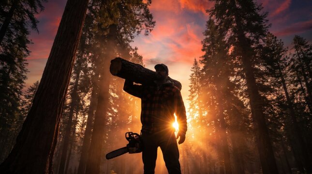 Silhouette of male lumberjack holding log with chainsaw at sunset in forest with tall trees