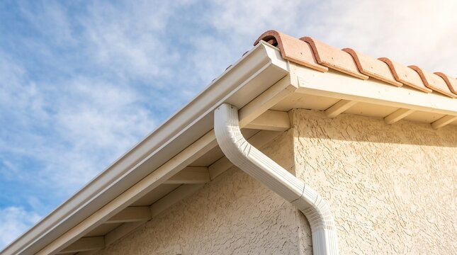 White seamless rain gutter system on a residential house roof with clay tiles