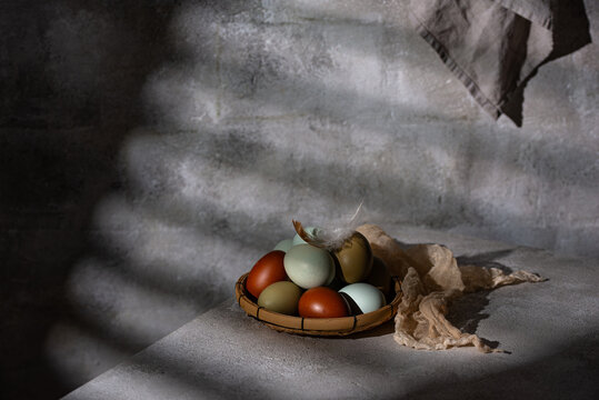Farm blue green and brown color chicken eggs