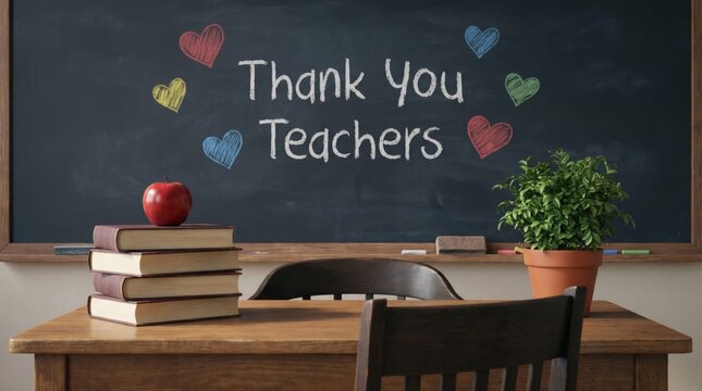 Classroom scene with chalkboard displaying "Thank You Teachers" and apple on wooden desk. Teacher's day gratulations.