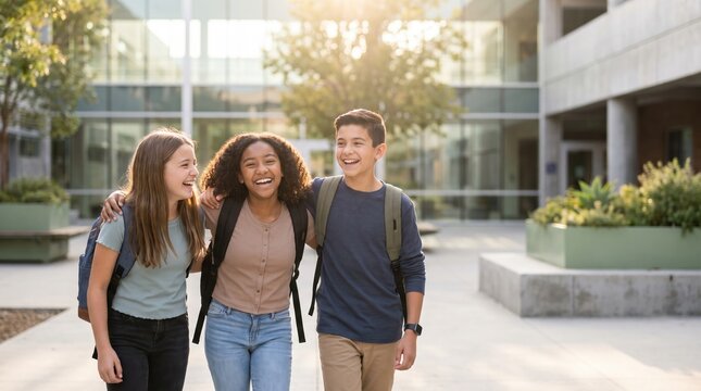 Three college-age friends with backpacks walk outdoors, smiling with arms around each other in front of a modern campus building and greenery, backlit by warm sunlight