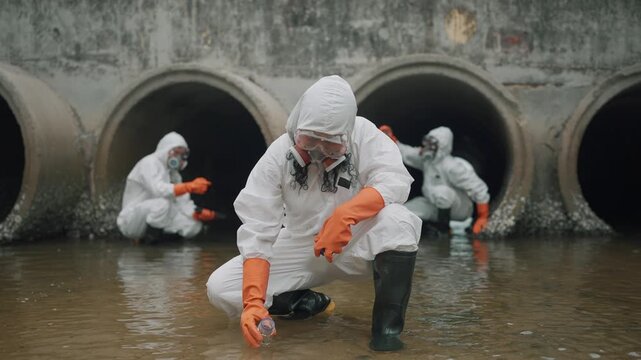 Environmental scientist wearing white protective suit, collecting and analyzing wastewater samples near an industrial drainage system, pollution control, water quality testing, sustainability concept.