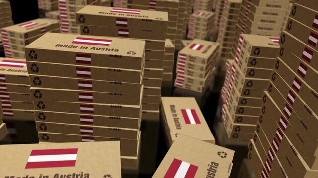 Made in Austria box production line. Austrian export import Cardboard pack factory. Abstract concept 3d loopable seamless.