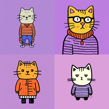 Set of cute hand drawn cartoon cats wearing sweaters and glasses on purple background