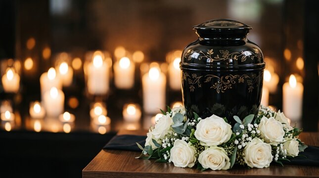 Black funeral urn with floral pattern on a table, encircled by white roses and small blossoms; softly blurred candlelight creates a solemn memorial atmosphere