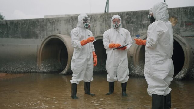 Environmental scientist wearing white protective suit, collecting and analyzing wastewater samples near an industrial drainage system, pollution control, water quality testing, sustainability concept.