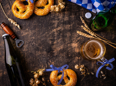 Traditional bavarian brezel and beer Oktoberfest food concept