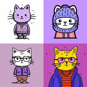 Set of cute cartoon cats wearing trendy clothes and glasses in colorful square frames