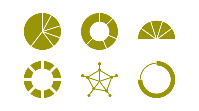 A collection of various golden data visualization chart icons including pie charts donut charts radar charts and multiple circular progress bar designs