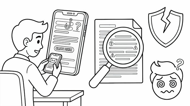 Man using phone with phishing scam email, document with magnifying glass, broken shield, confused face