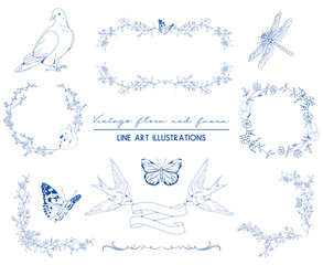 Fototapeta premium Collection of vintage botanical decorative frames and elements (dividers, dove, swallow, dragonfly, butterfly, ribbons), vector floral line art illustration for wedding, logo, advertising, packaging