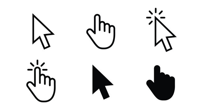 Set of Digital Computer Cursors Pointers and Hand Click Icons in Black and White Outline Style
