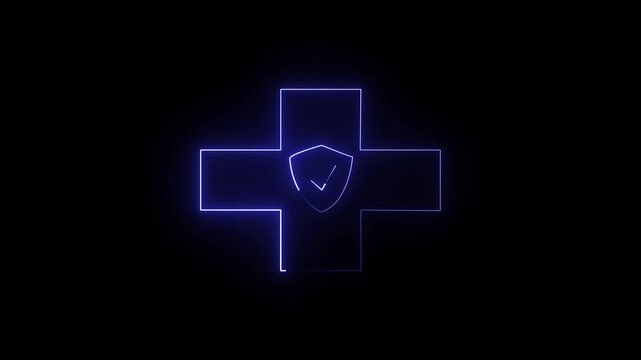 Neon medical cross with shield animation for healthcare security and health insurance concepts