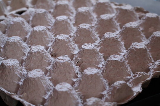 Closeup of pressed recycled cardboard egg tray texture, highlighting rough fibers, natural paper pulp, sustainable packaging, and earthy material details.
