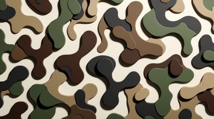 Naklejka premium Abstract camouflage pattern with organic shapes in earthy tones. Layered elements create depth and texture, suitable for diverse design applications needing a modern or military feel.