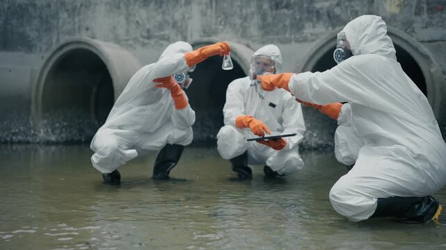 Environmental scientist wearing white protective suit, collecting and analyzing wastewater samples near an industrial drainage system, pollution control, water quality testing, sustainability concept.