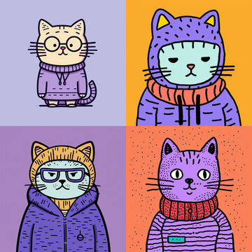 Cute cartoon cats in winter scarves and glasses vector illustration set