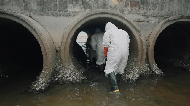 Environmental scientist in white protective gear and face mask inspecting water quality while walking through a factory drainage channel. Environmental monitoring and industrial pollution research.