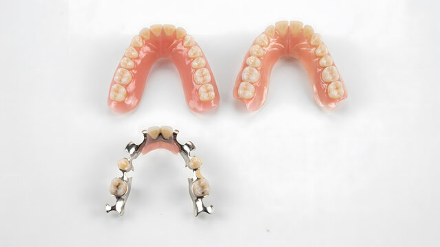 Set of various dental prosthetics including full and partial dentures