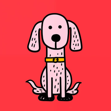 Cute pink dog illustration with yellow collar on a solid red background