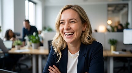 Obraz premium Happy Professional Businesswoman Smiling in Modern Office