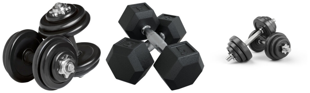 Three different types of black dumbbells isolated on a white background