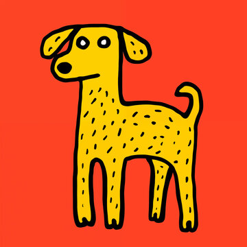 Cute yellow dog illustration on red background, hand drawn doodle style pet graphic