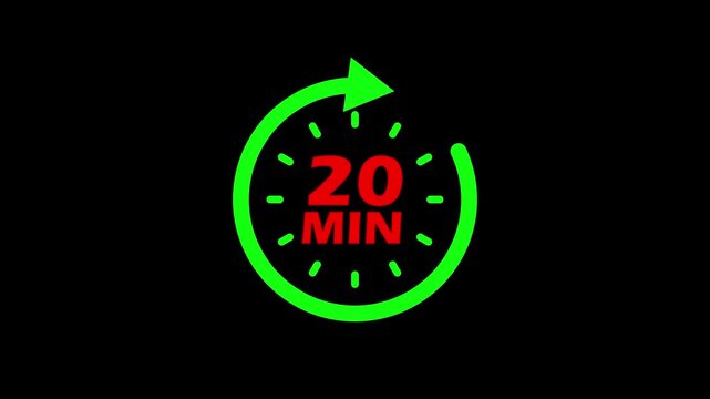 20 Minute Countdown Timer Animation with Circular Arrow on Black Background, 4K Motion Graphic