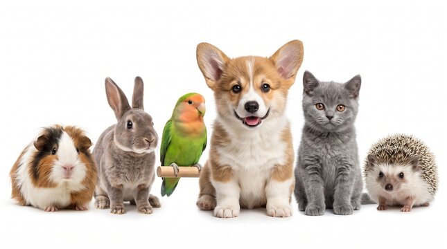 Row of cute pets: guinea pig, two rabbits, green parrot on a perch, corgi puppy, gray kitten, and hedgehog, all facing forward