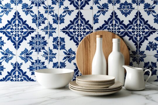 White ceramic dishware and bottles arranged on marble countertop against blue patterned tile wall. Includes plates, bowl, pitcher, and round cutting board for modern eco style.