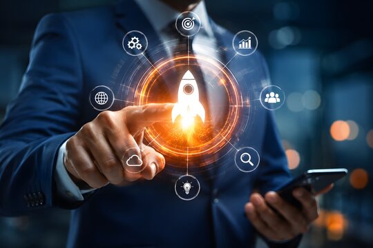 Innovative startup launch a visionary entrepreneur harnesses cutting edge technology to propel their rocketship business towards exponential growth and market leadership