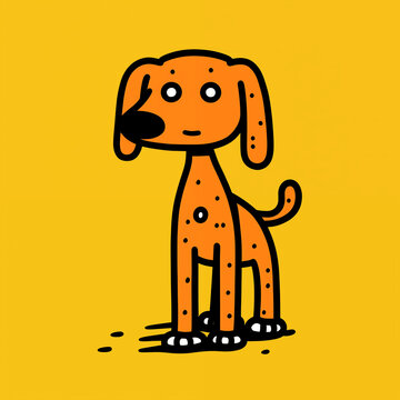 Cute orange dog illustration, simple hand drawn puppy character on yellow background.