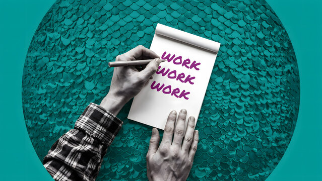 Person writing the word work repeatedly on a notepad over a textured background