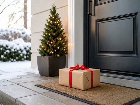 Christmas gift package delivered outside snowy front door