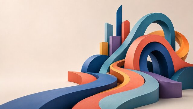 Abstract Chicago Marathon concept with colorful matte geometric sculptures forming flowing running routes, arches, and urban inspired shapes with generous copy space.