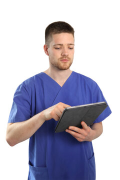focused male nurse using digital tablet png, isolated on transparent background