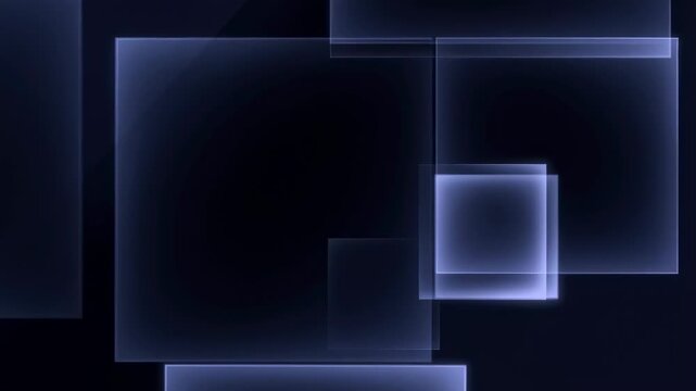 Animation of glowing translucent squares floating and overlapping on a dark background. Smooth animated scene for visual effects and digital presentations.