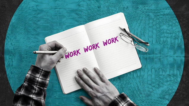 Person writing the word work repeatedly in a notebook on a teal background