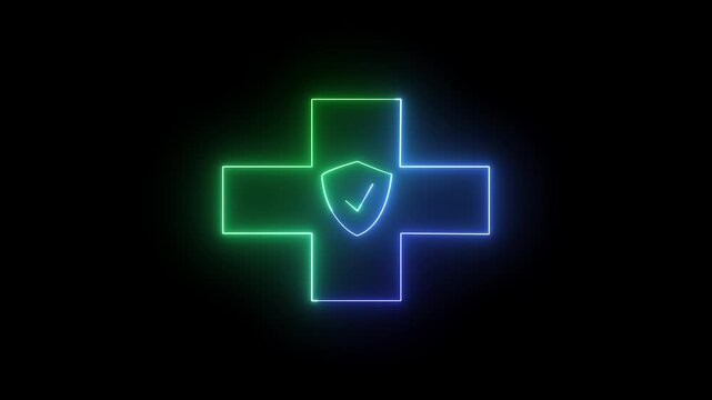 Neon medical cross with shield animation for healthcare security and wellness concepts glowing