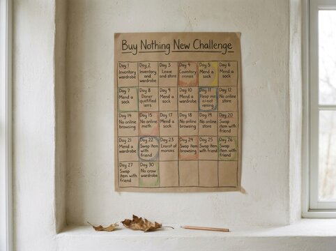 Buy nothing new challenge calendar on a textured white wall by a bright window