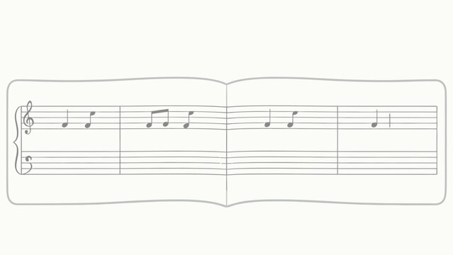 Open music book with treble and bass clefs, quarter notes on staff lines, minimalist grey illustration style