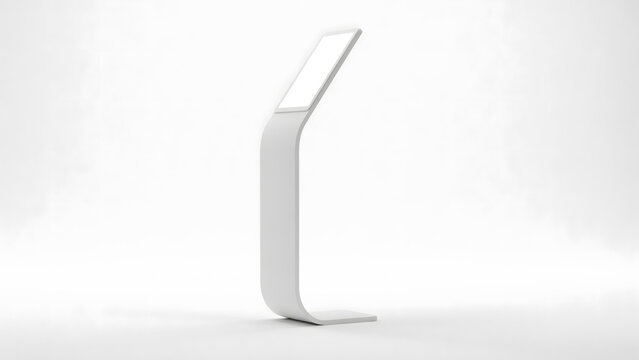Minimalist white interactive digital kiosk stand on a clean bright background