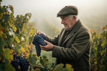 Fototapeta premium Elderly farmer picks ripe blue grapes in misty autumn vineyard. Senior man wearing flat cap, tweed jacket harvests organic fruit. Foggy countryside landscape background with rich grapevine leaves