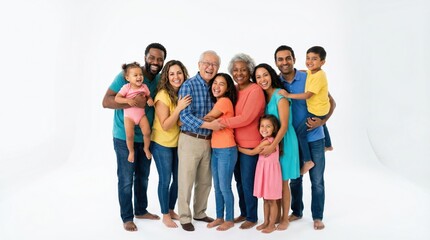 Fototapeta premium Multiethnic extended family of three generations hugging and smiling in a studio group portrait, adults and children standing together in casual clothes, full length