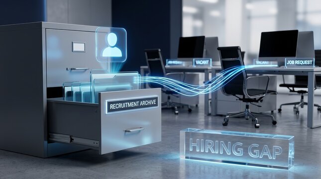 Recruitment archive drawer with digital profile icons and vacant office desks illustrating hiring gap.