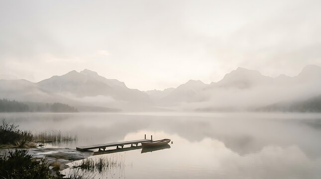 mountain lake landscape in ivory mist tones, soft beige and pale gray palette with gentle fog