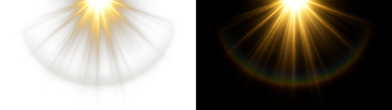 Lensflare bright golden sun rays warm glow, on transparent background